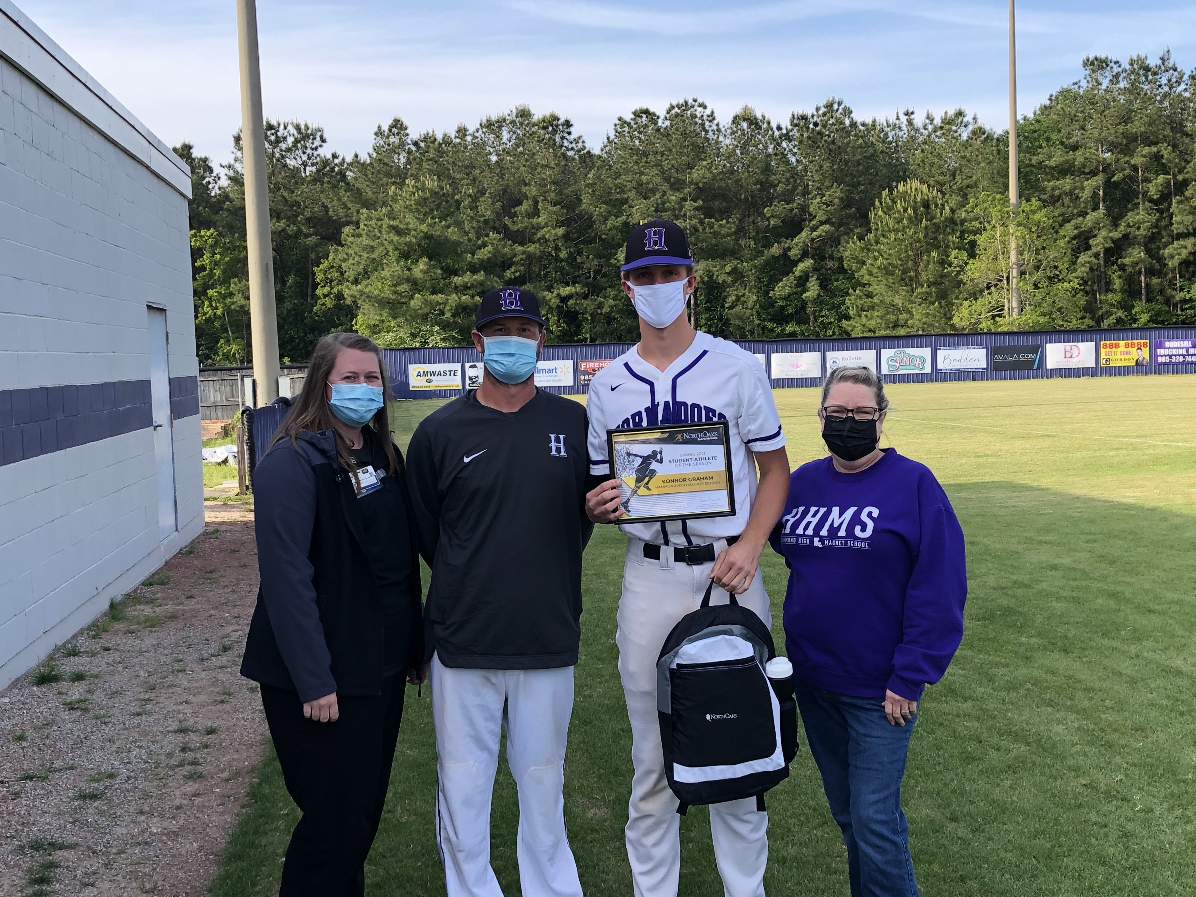 From left are North Oaks Sports Medicine Certified Athletic Trainer Kacie Edwards, Hammond High Magnet School Head Baseball Coach Michael Rutland, Student-Athlete of the 2021 Spring Season Konnor Graham and Principal Shelly Gaydos.